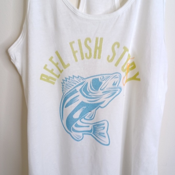 Women's Racerback Tank. Fun Fish Story Spin Humor. Size Medium - Picture 2 of 11